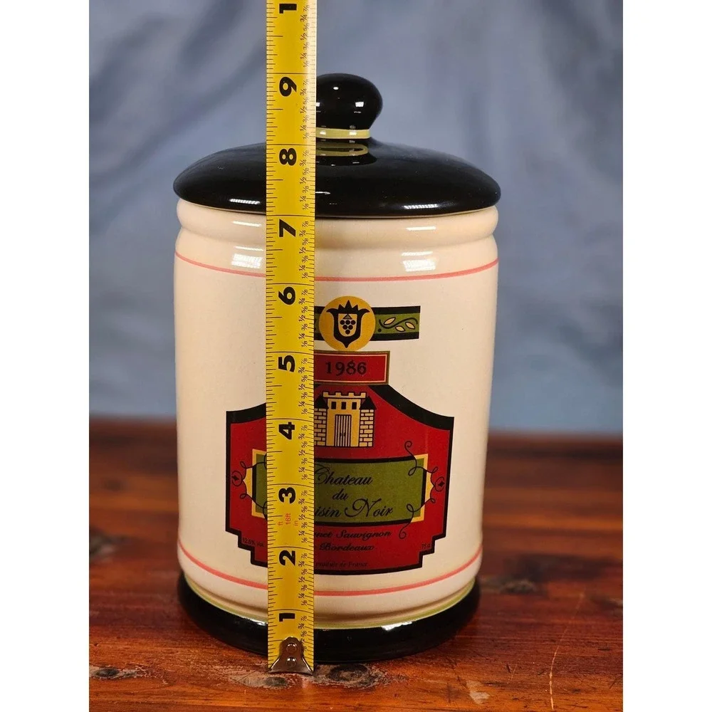 Vintage OGGI French Wine Label Ceramic Canister With Lid 9 In
